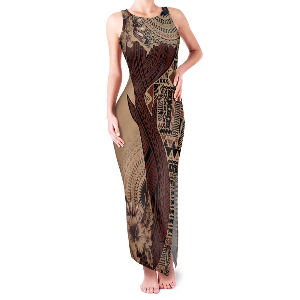 Bula Fiji Tank Maxi Dress Shark Tail Beige Masi Tapa