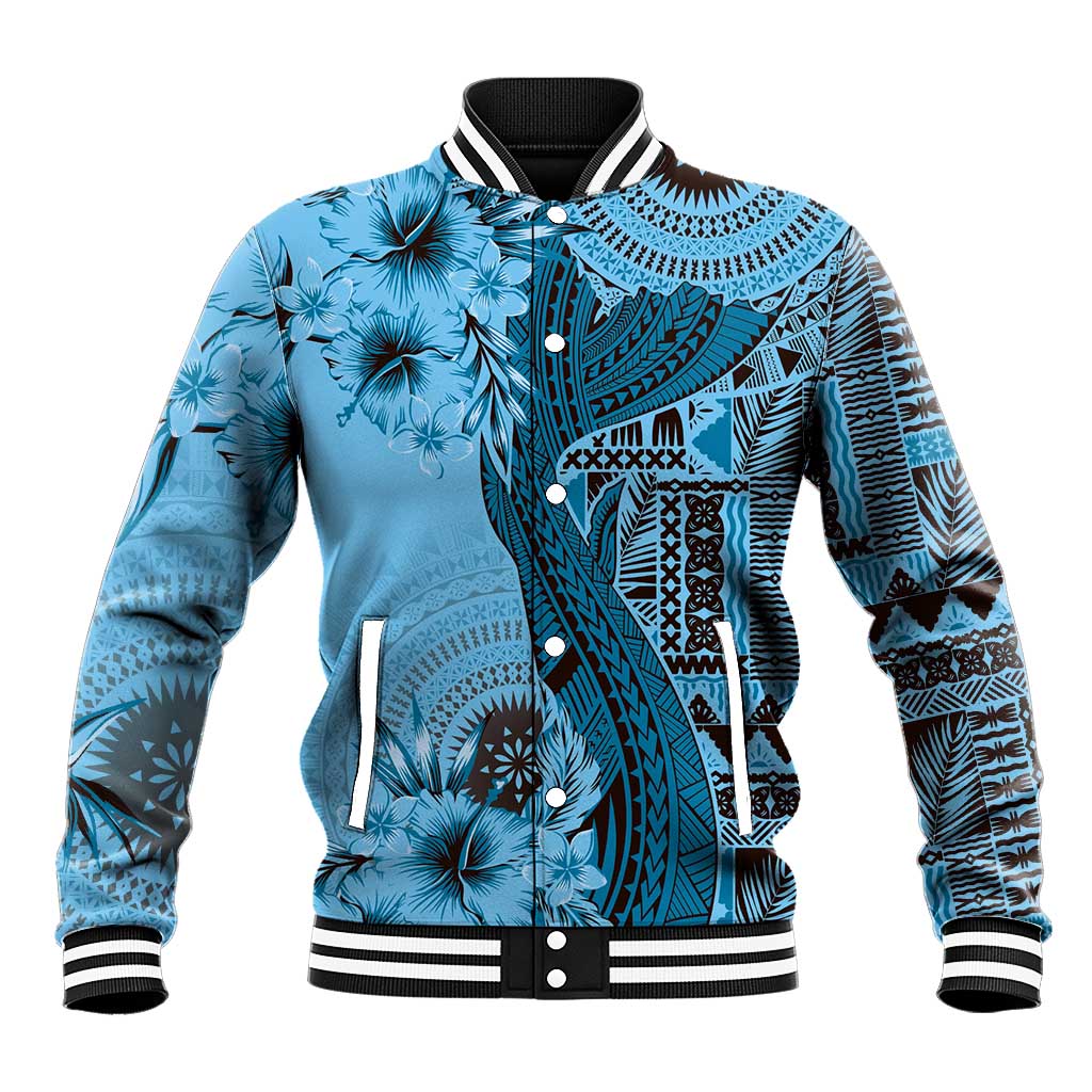 Bula Fiji Baseball Jacket Shark Tail Turquoise Masi Tapa