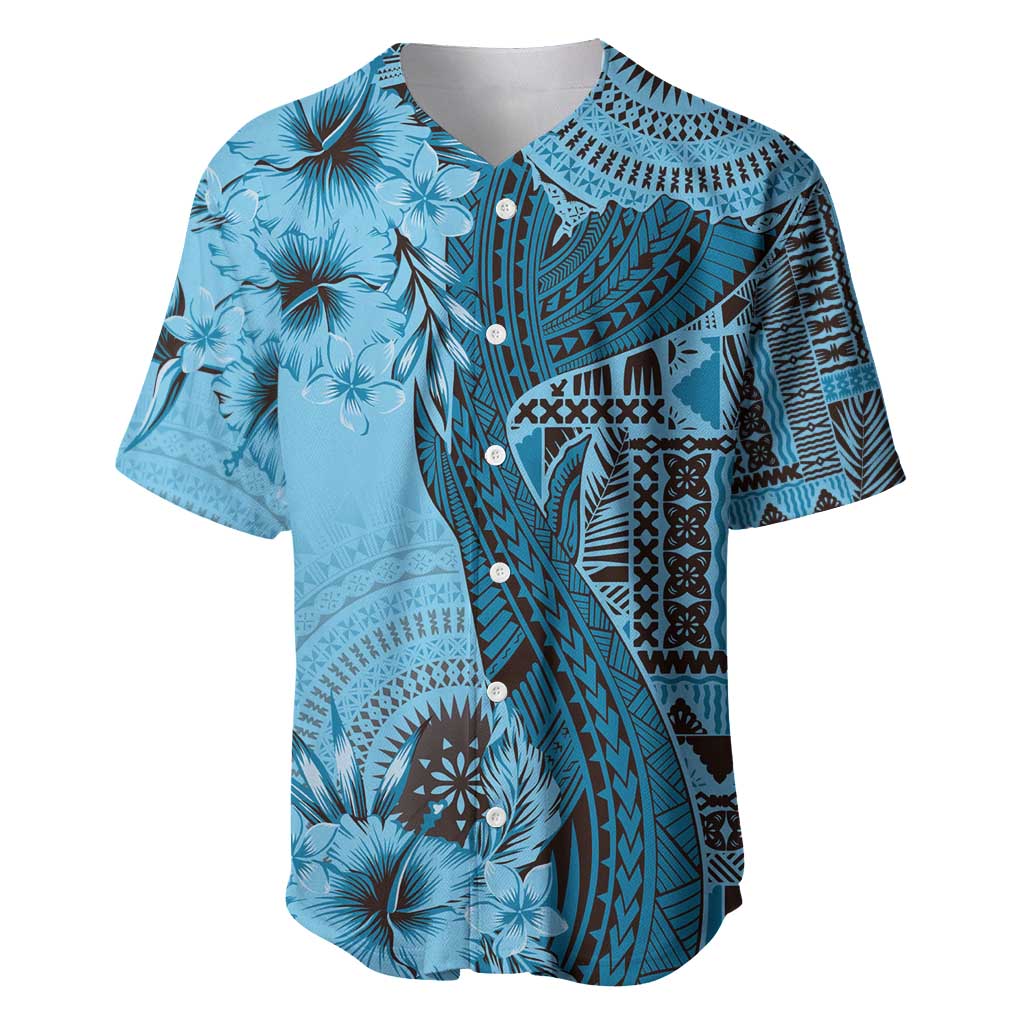 Bula Fiji Baseball Jersey Shark Tail Turquoise Masi Tapa