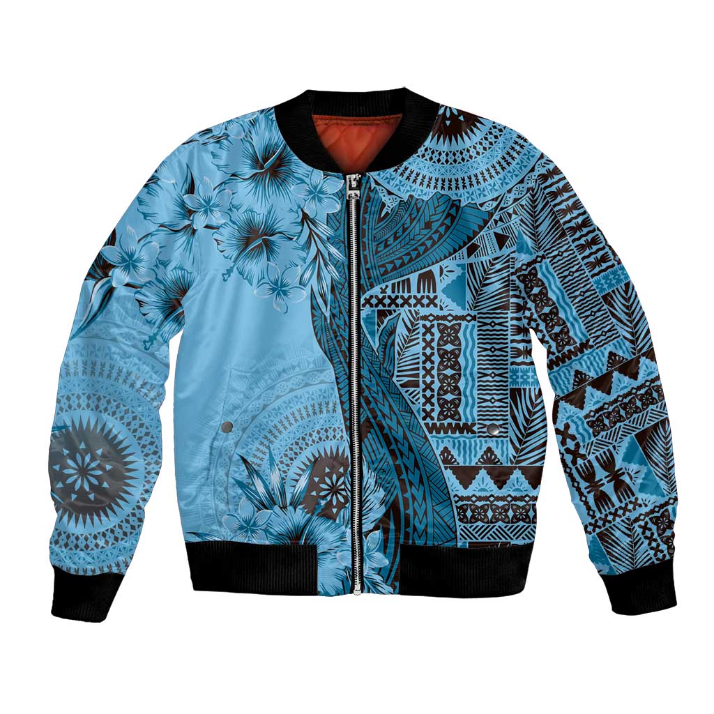 Bula Fiji Bomber Jacket Shark Tail Turquoise Masi Tapa