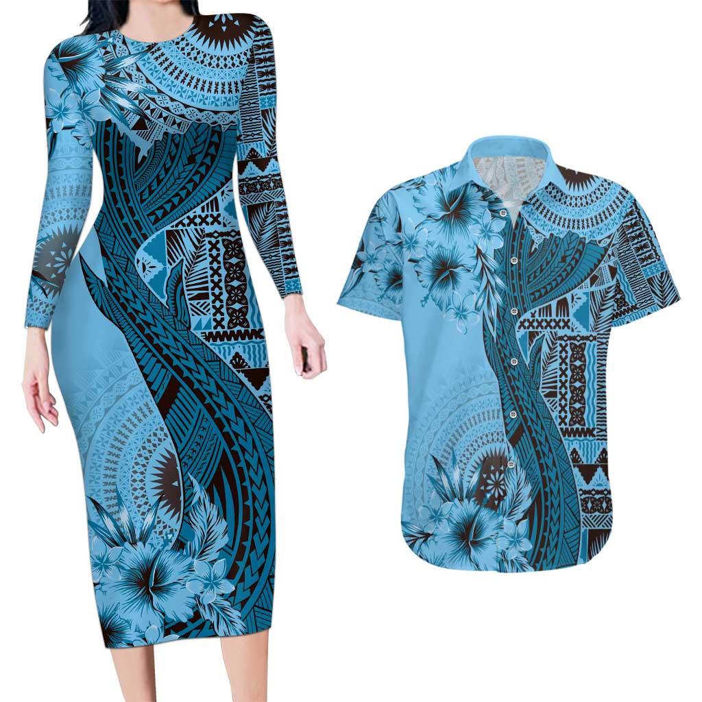 Bula Fiji Couples Matching Long Sleeve Bodycon Dress and Hawaiian Shirt Shark Tail Turquoise Masi Tapa