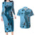 Bula Fiji Couples Matching Long Sleeve Bodycon Dress and Hawaiian Shirt Shark Tail Turquoise Masi Tapa