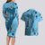 Bula Fiji Couples Matching Long Sleeve Bodycon Dress and Hawaiian Shirt Shark Tail Turquoise Masi Tapa