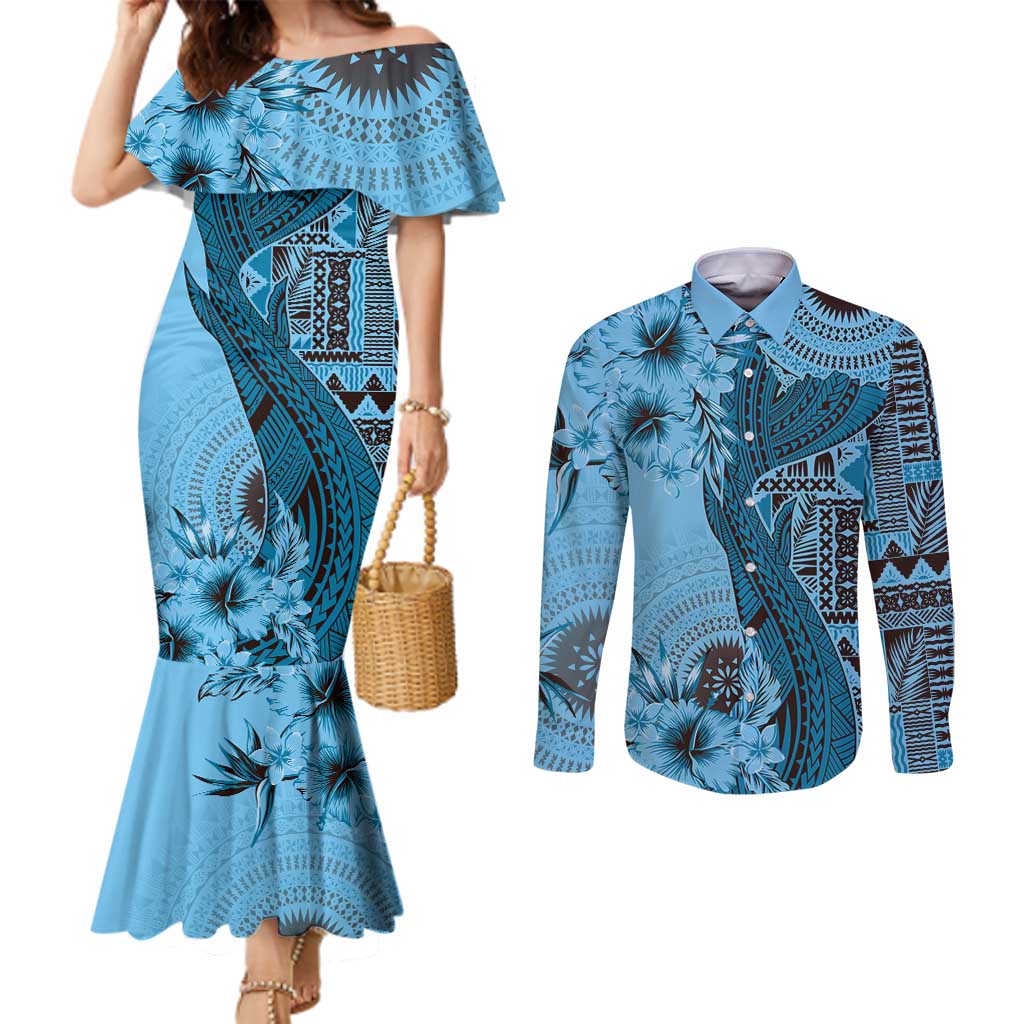 Bula Fiji Couples Matching Mermaid Dress and Long Sleeve Button Shirt Shark Tail Turquoise Masi Tapa