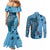 Bula Fiji Couples Matching Mermaid Dress and Long Sleeve Button Shirt Shark Tail Turquoise Masi Tapa