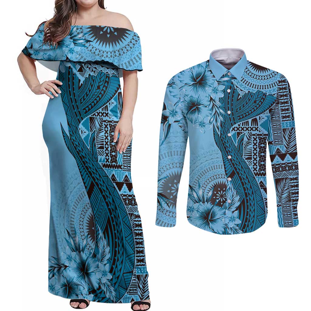 Bula Fiji Couples Matching Off Shoulder Maxi Dress and Long Sleeve Button Shirt Shark Tail Turquoise Masi Tapa