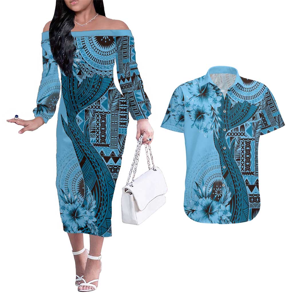 Bula Fiji Couples Matching Off The Shoulder Long Sleeve Dress and Hawaiian Shirt Shark Tail Turquoise Masi Tapa