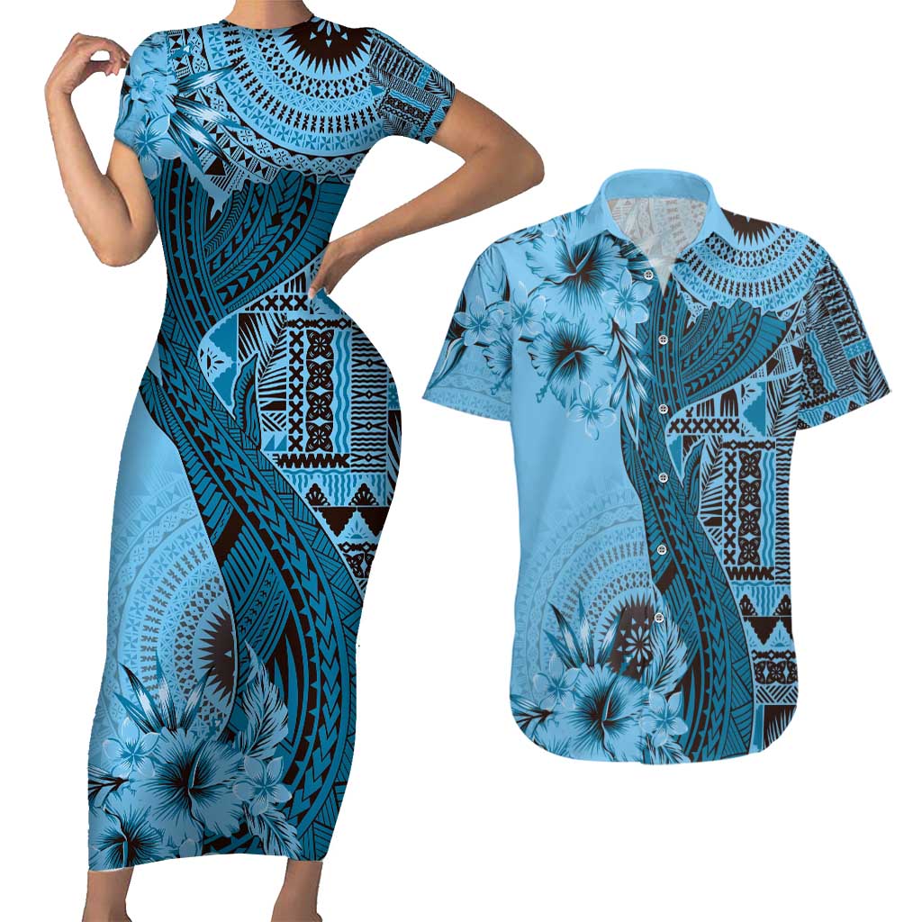 Bula Fiji Couples Matching Short Sleeve Bodycon Dress and Hawaiian Shirt Shark Tail Turquoise Masi Tapa