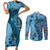 Bula Fiji Couples Matching Short Sleeve Bodycon Dress and Long Sleeve Button Shirt Shark Tail Turquoise Masi Tapa