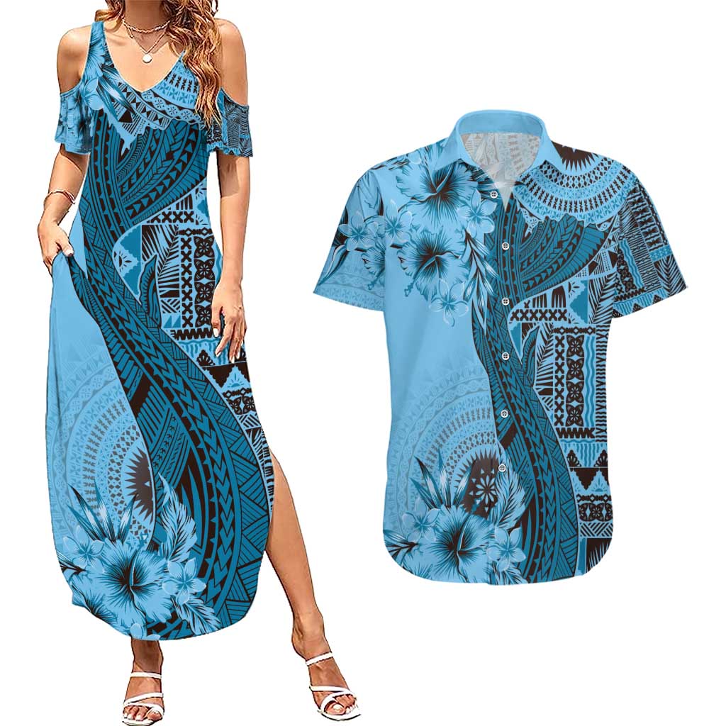 Bula Fiji Couples Matching Summer Maxi Dress and Hawaiian Shirt Shark Tail Turquoise Masi Tapa