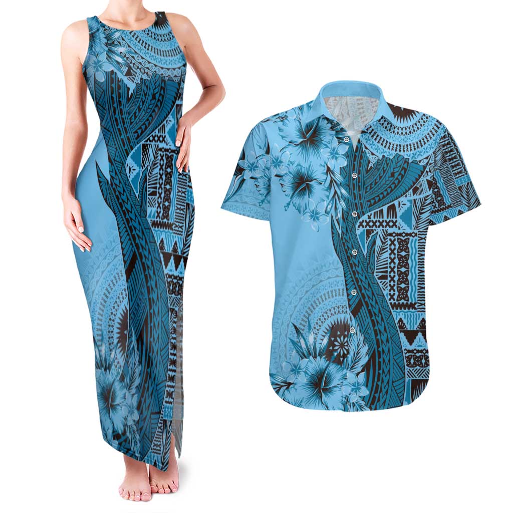 Bula Fiji Couples Matching Tank Maxi Dress and Hawaiian Shirt Shark Tail Turquoise Masi Tapa