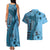 Bula Fiji Couples Matching Tank Maxi Dress and Hawaiian Shirt Shark Tail Turquoise Masi Tapa