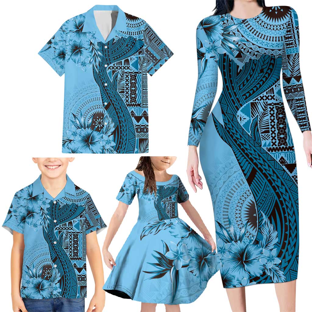 Bula Fiji Family Matching Long Sleeve Bodycon Dress and Hawaiian Shirt Shark Tail Turquoise Masi Tapa