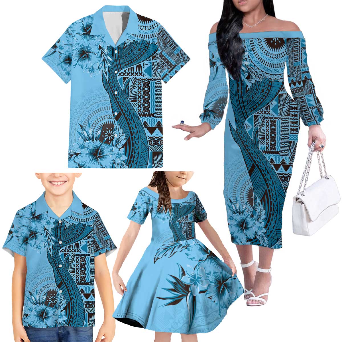 Bula Fiji Family Matching Off The Shoulder Long Sleeve Dress and Hawaiian Shirt Shark Tail Turquoise Masi Tapa