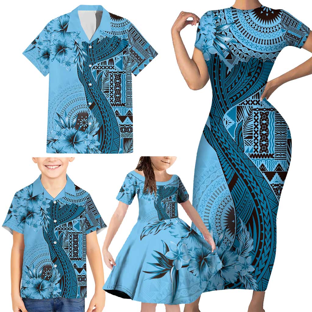 Bula Fiji Family Matching Short Sleeve Bodycon Dress and Hawaiian Shirt Shark Tail Turquoise Masi Tapa