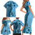 Bula Fiji Family Matching Short Sleeve Bodycon Dress and Hawaiian Shirt Shark Tail Turquoise Masi Tapa