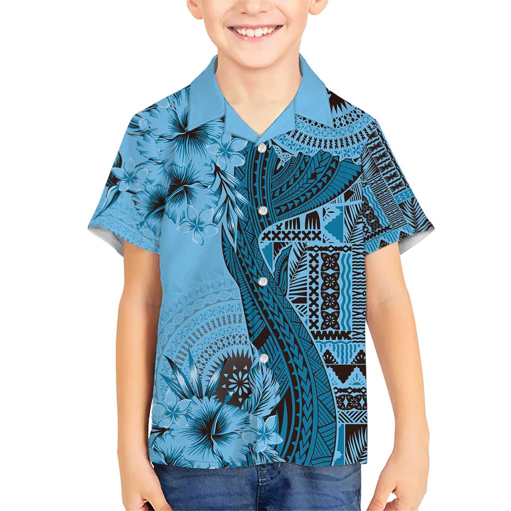 Bula Fiji Kid Hawaiian Shirt Shark Tail Turquoise Masi Tapa