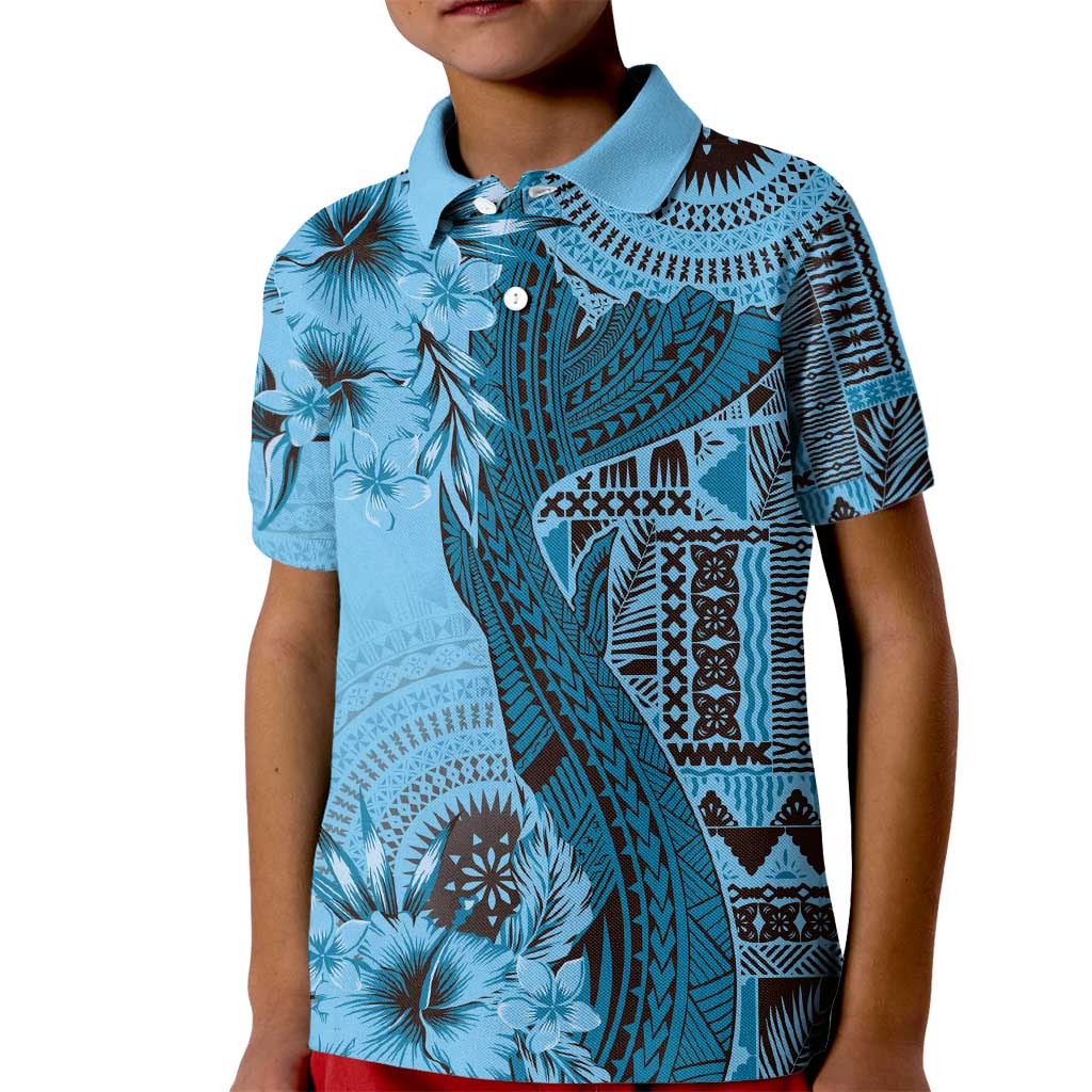 Bula Fiji Kid Polo Shirt Shark Tail Turquoise Masi Tapa