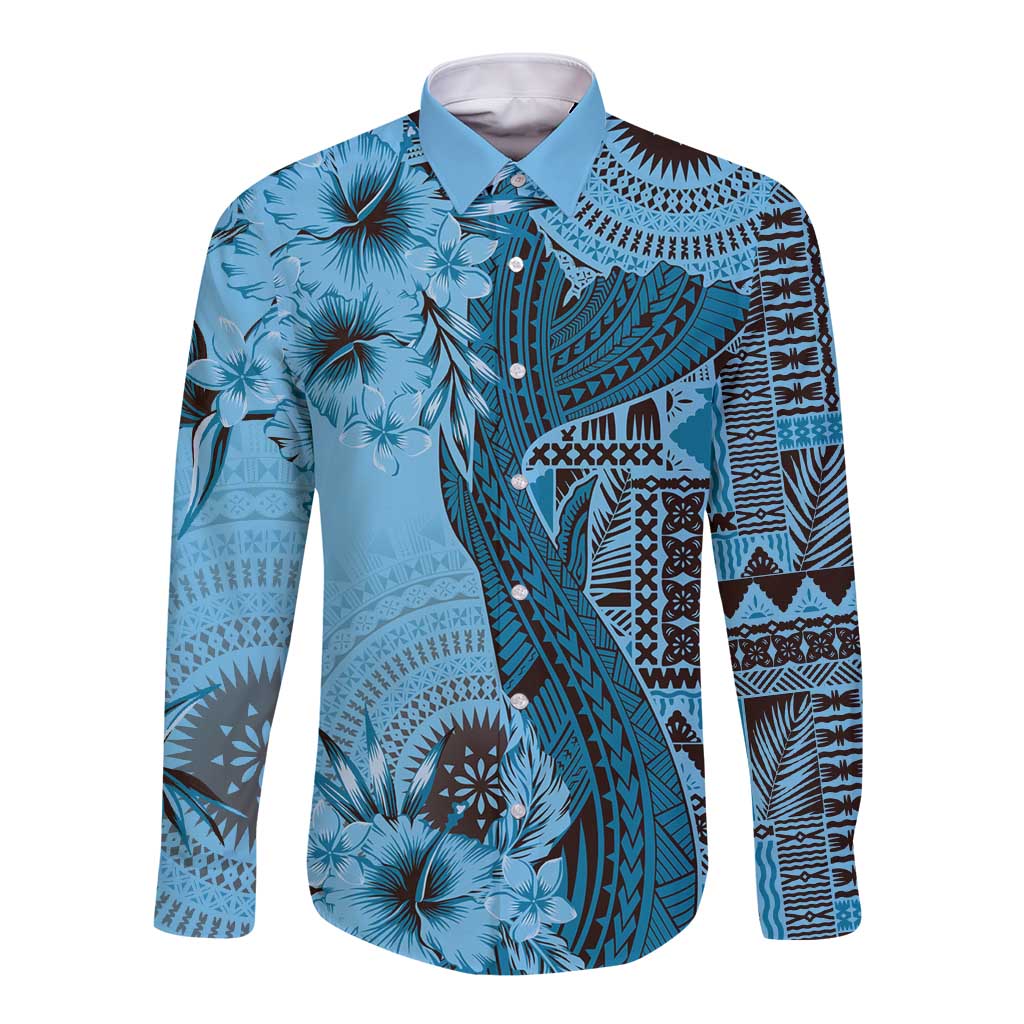 Bula Fiji Long Sleeve Button Shirt Shark Tail Turquoise Masi Tapa