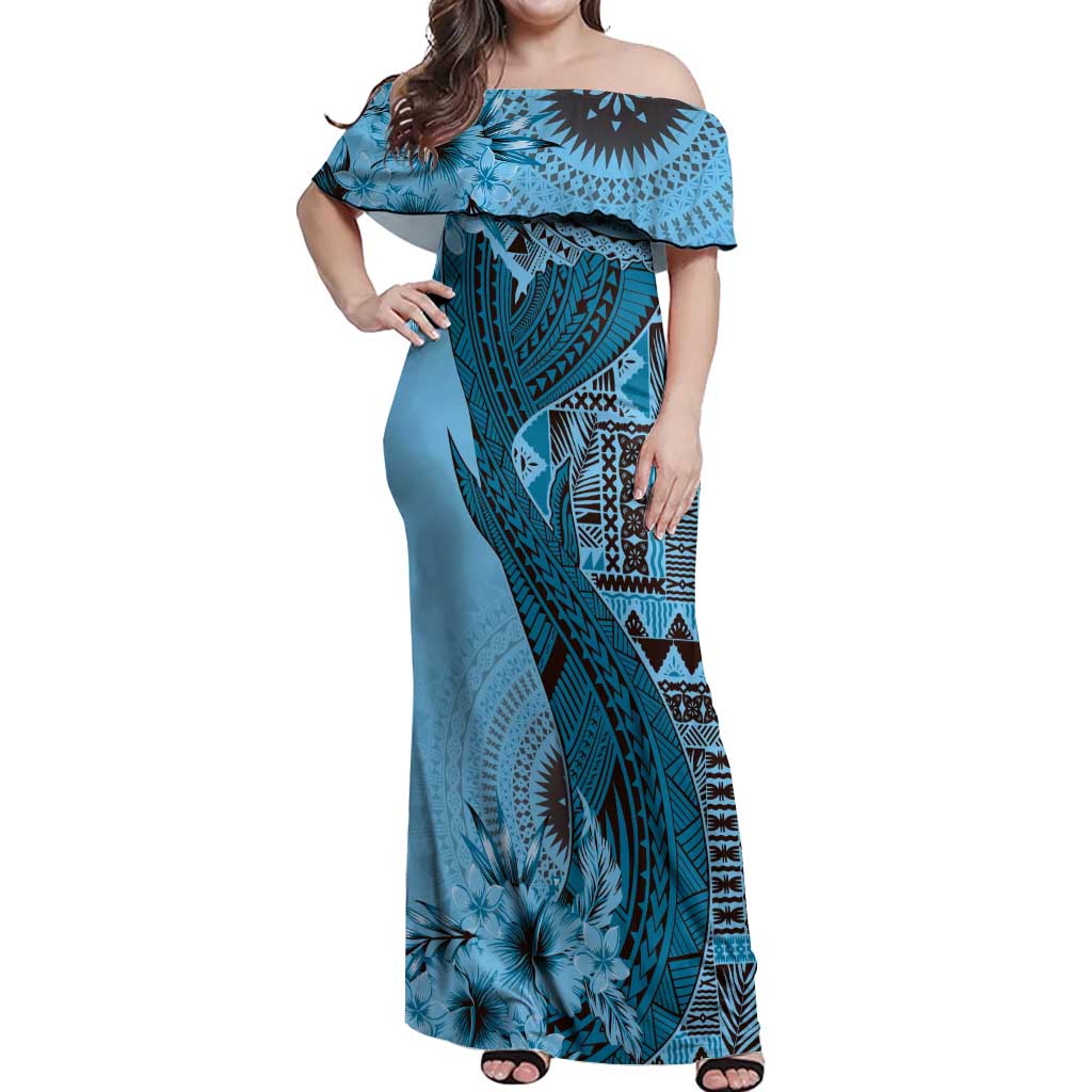 Bula Fiji Off Shoulder Maxi Dress Shark Tail Turquoise Masi Tapa