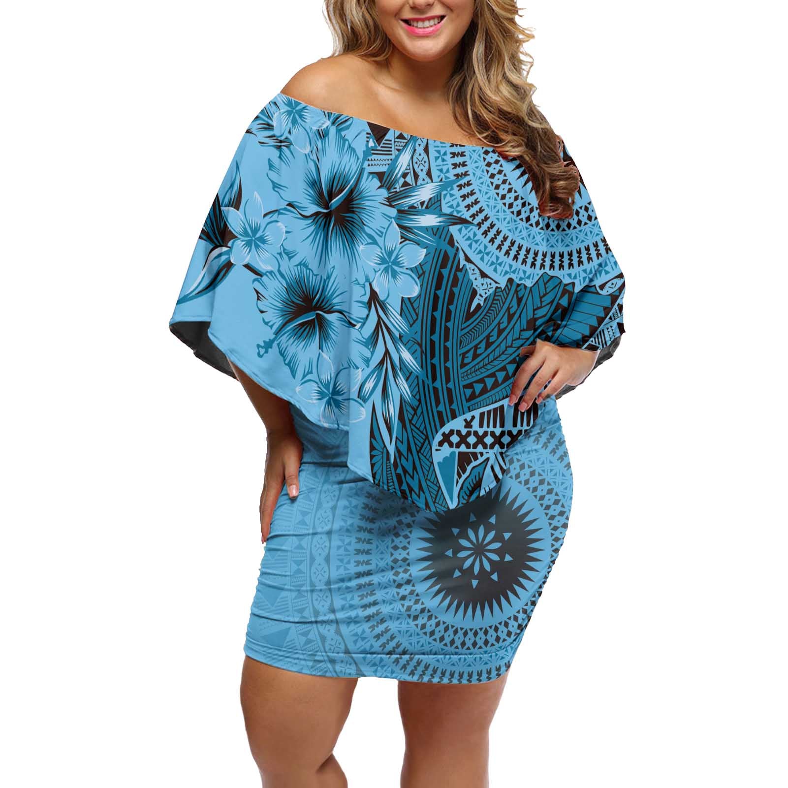 Bula Fiji Off Shoulder Short Dress Shark Tail Turquoise Masi Tapa