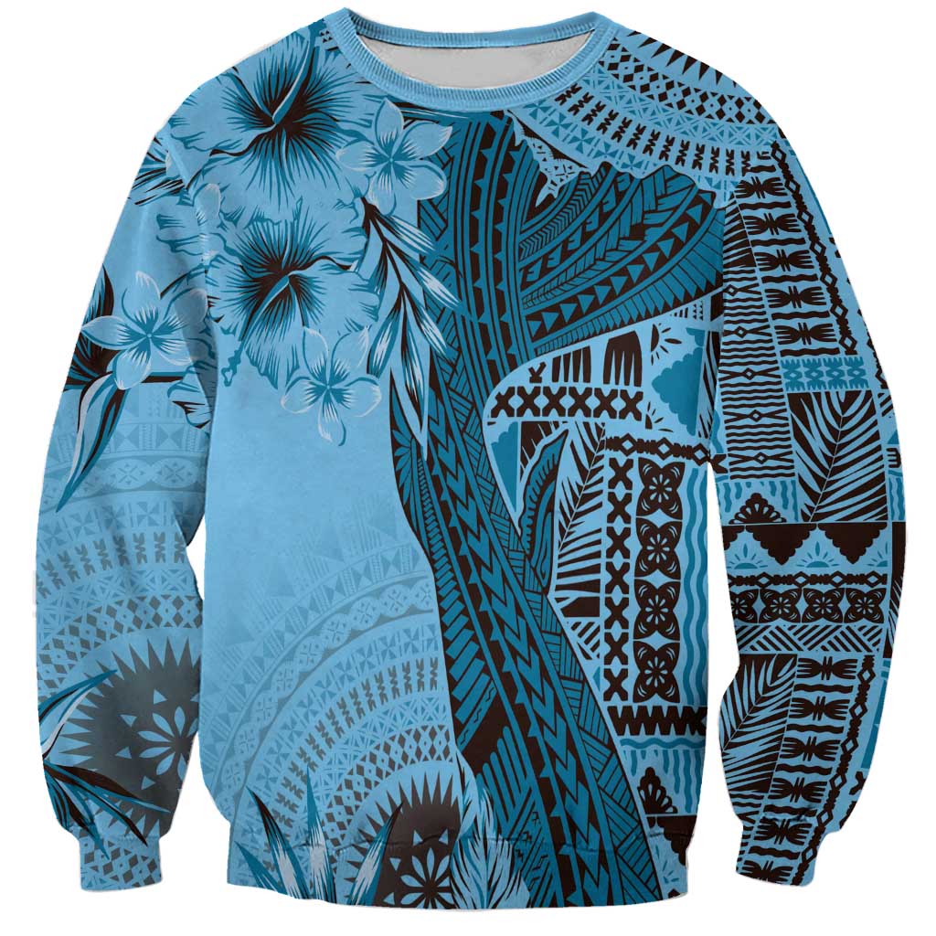 Bula Fiji Sweatshirt Shark Tail Turquoise Masi Tapa