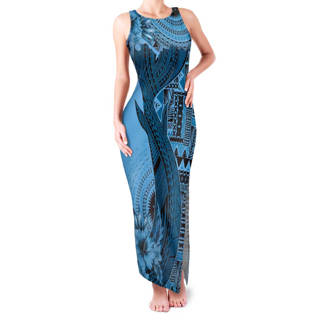 Bula Fiji Tank Maxi Dress Shark Tail Turquoise Masi Tapa