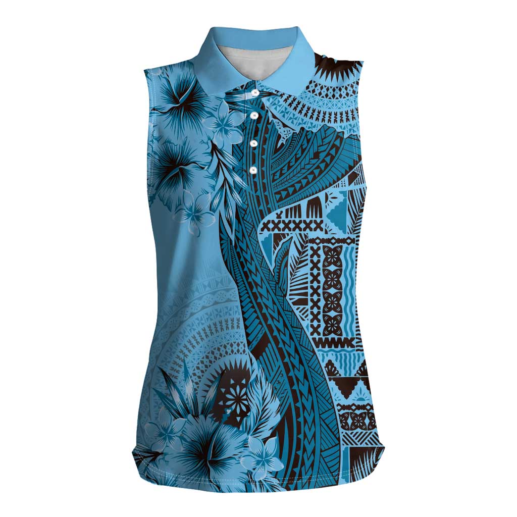 Bula Fiji Women Sleeveless Polo Shirt Shark Tail Turquoise Masi Tapa