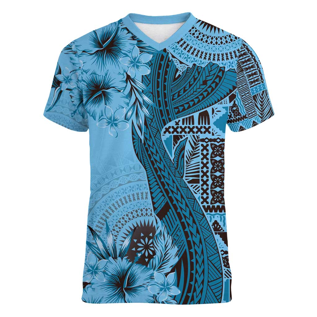 Bula Fiji Women V-Neck T-Shirt Shark Tail Turquoise Masi Tapa