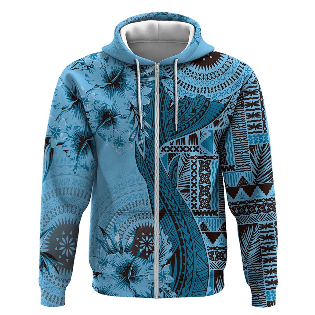 Bula Fiji Zip Hoodie Shark Tail Turquoise Masi Tapa