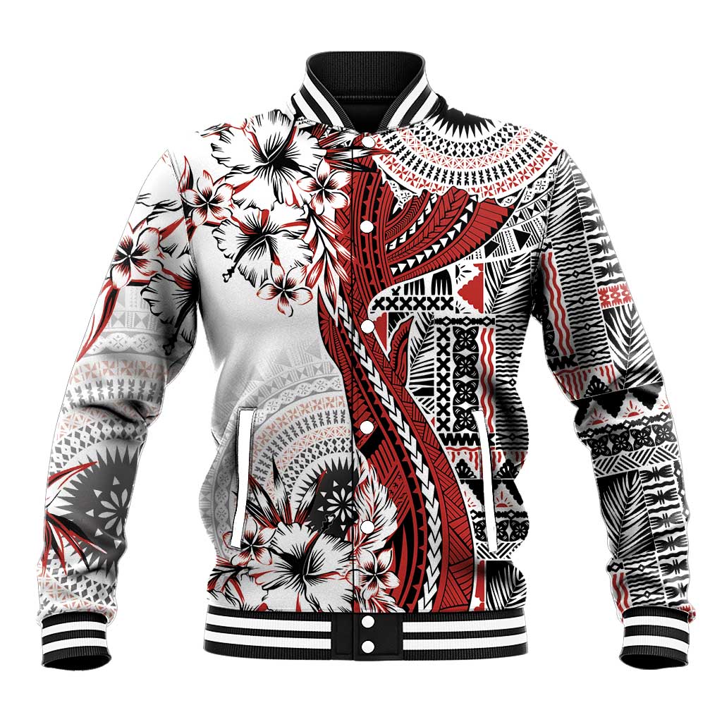 Bula Fiji Baseball Jacket Shark Tail White Masi Tapa