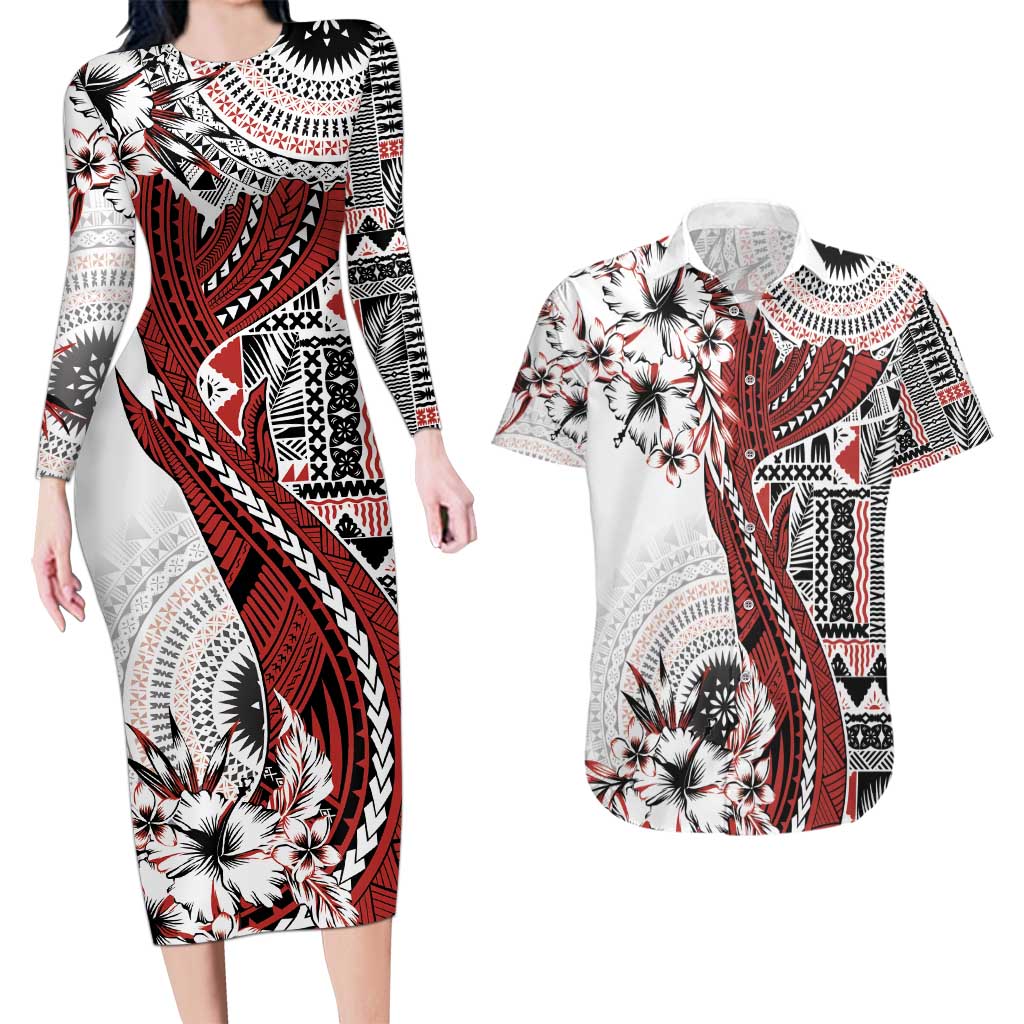 Bula Fiji Couples Matching Long Sleeve Bodycon Dress and Hawaiian Shirt Shark Tail White Masi Tapa