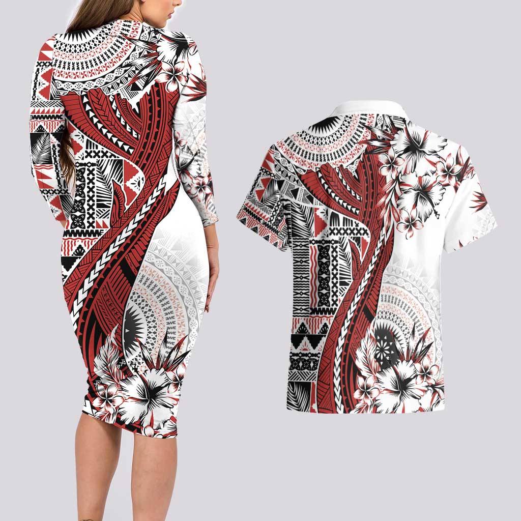 Bula Fiji Couples Matching Long Sleeve Bodycon Dress and Hawaiian Shirt Shark Tail White Masi Tapa