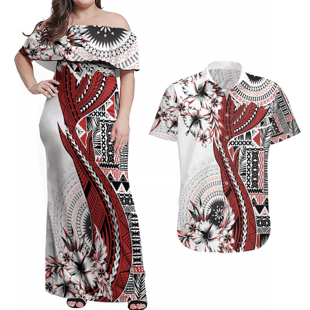 Bula Fiji Couples Matching Off Shoulder Maxi Dress and Hawaiian Shirt Shark Tail White Masi Tapa