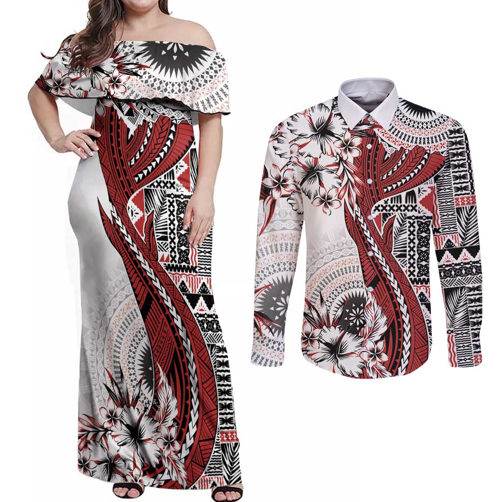 Bula Fiji Couples Matching Off Shoulder Maxi Dress and Long Sleeve Button Shirt Shark Tail White Masi Tapa