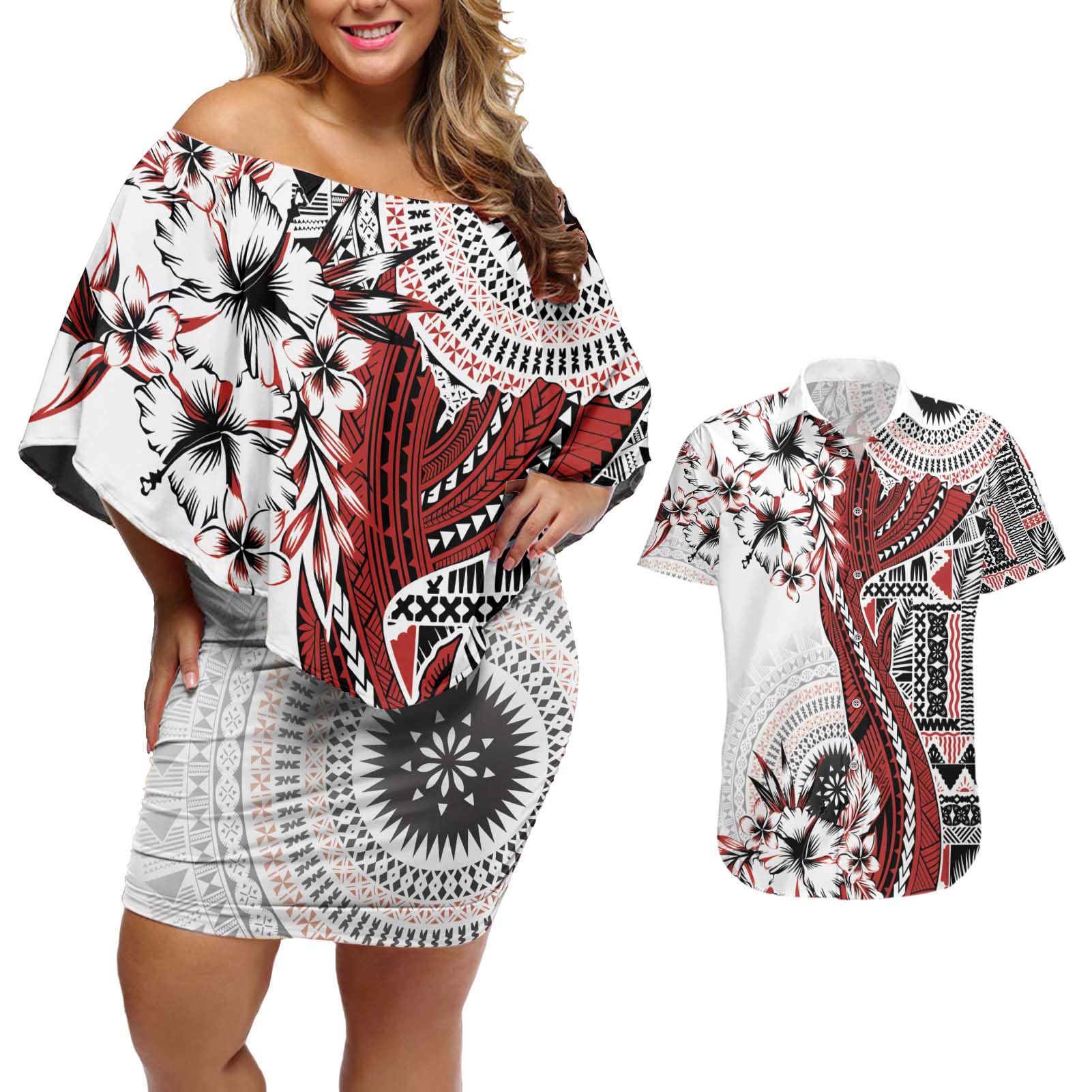 Bula Fiji Couples Matching Off Shoulder Short Dress and Hawaiian Shirt Shark Tail White Masi Tapa