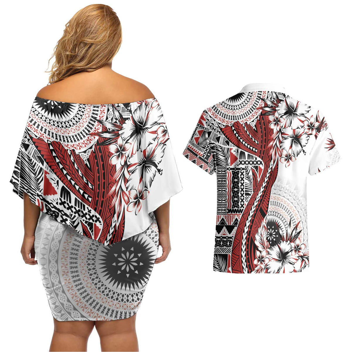 Bula Fiji Couples Matching Off Shoulder Short Dress and Hawaiian Shirt Shark Tail White Masi Tapa