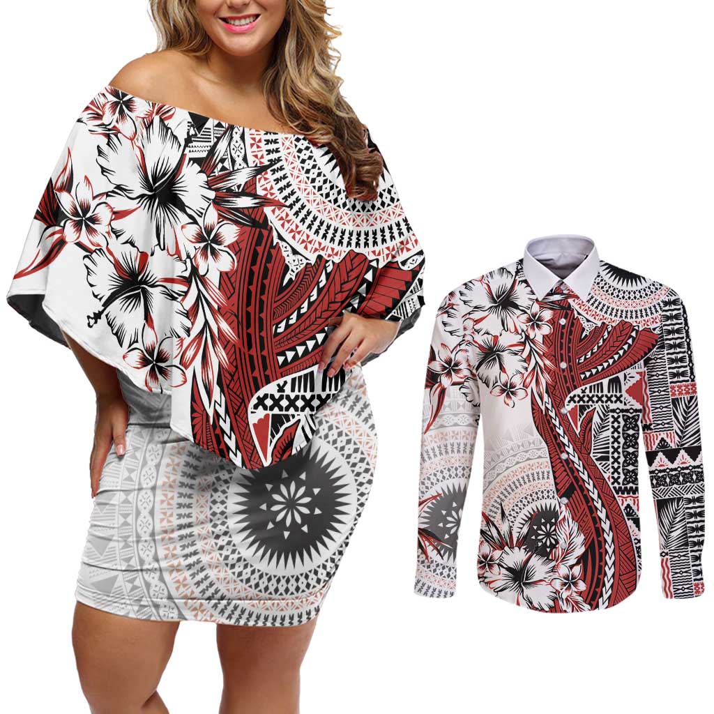 Bula Fiji Couples Matching Off Shoulder Short Dress and Long Sleeve Button Shirt Shark Tail White Masi Tapa