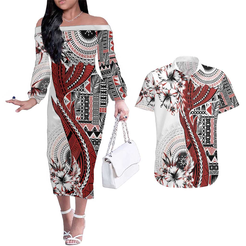 Bula Fiji Couples Matching Off The Shoulder Long Sleeve Dress and Hawaiian Shirt Shark Tail White Masi Tapa