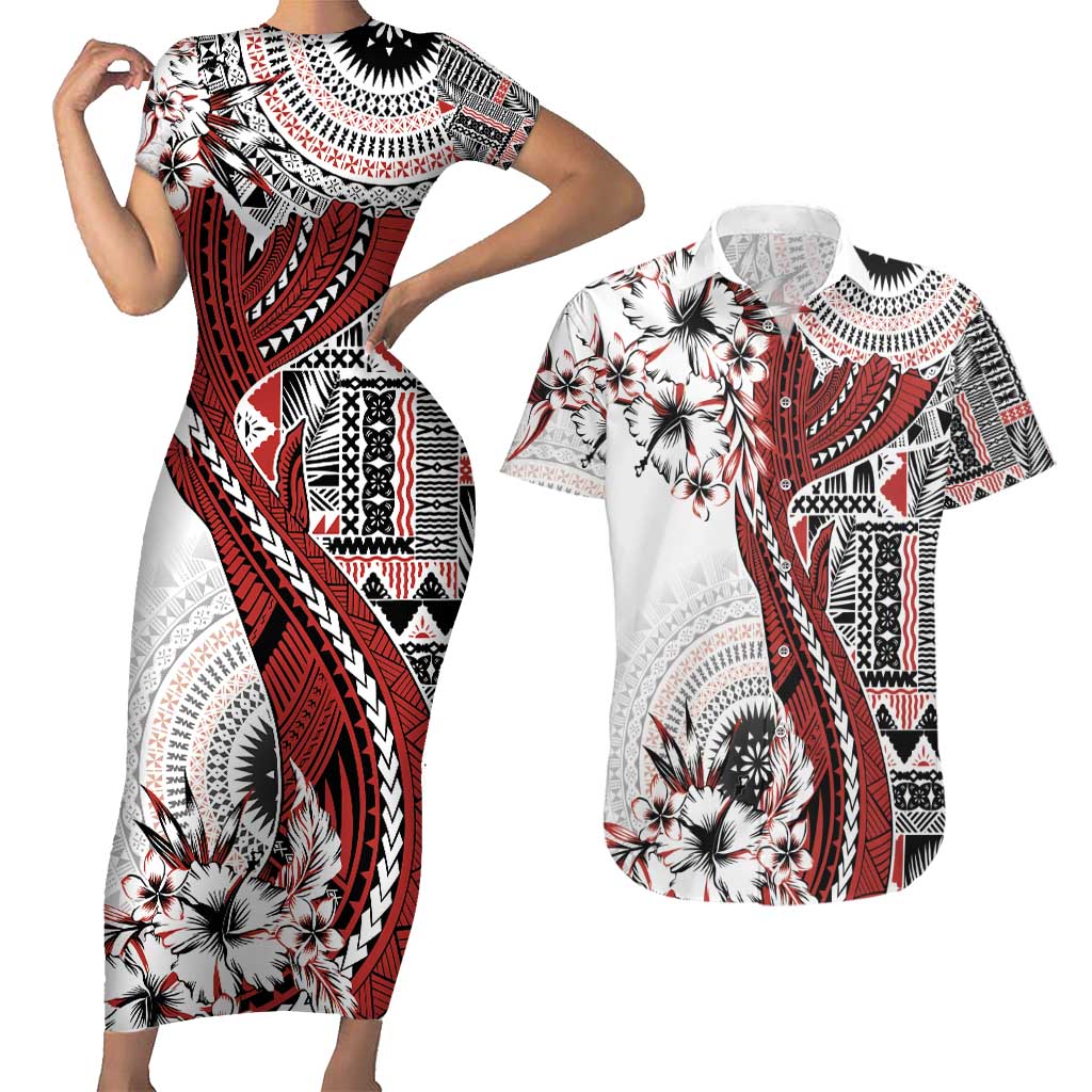 Bula Fiji Couples Matching Short Sleeve Bodycon Dress and Hawaiian Shirt Shark Tail White Masi Tapa