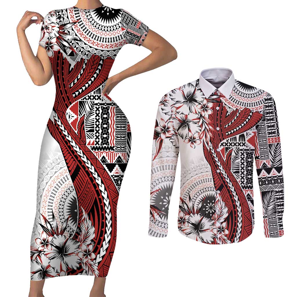 Bula Fiji Couples Matching Short Sleeve Bodycon Dress and Long Sleeve Button Shirt Shark Tail White Masi Tapa