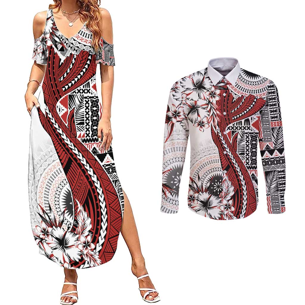 Bula Fiji Couples Matching Summer Maxi Dress and Long Sleeve Button Shirt Shark Tail White Masi Tapa