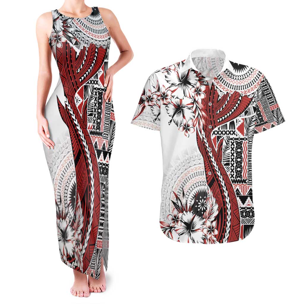 Bula Fiji Couples Matching Tank Maxi Dress and Hawaiian Shirt Shark Tail White Masi Tapa