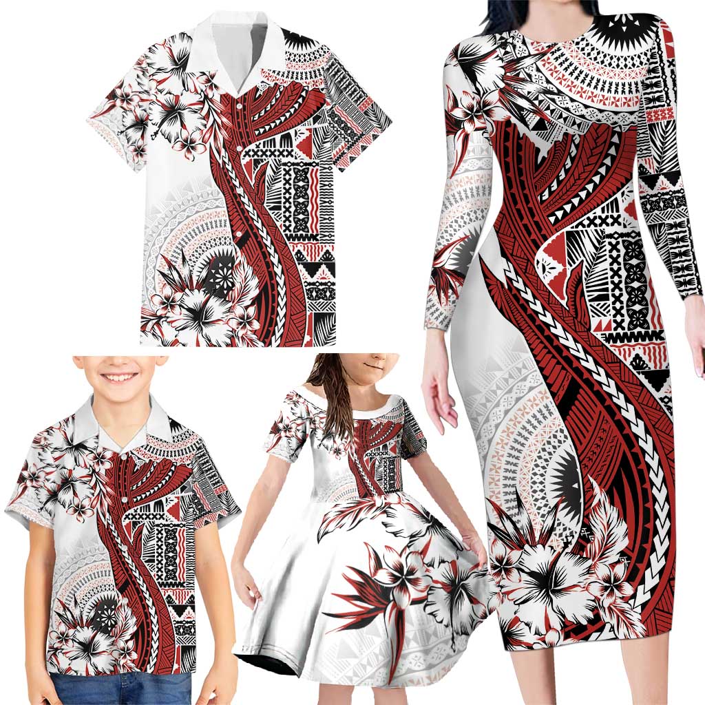 Bula Fiji Family Matching Long Sleeve Bodycon Dress and Hawaiian Shirt Shark Tail White Masi Tapa