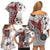 Bula Fiji Family Matching Off Shoulder Short Dress and Hawaiian Shirt Shark Tail White Masi Tapa