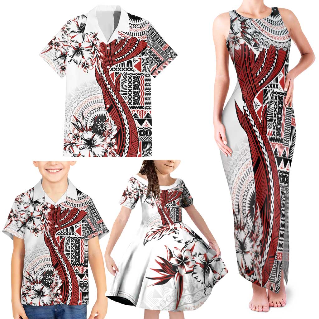 Bula Fiji Family Matching Tank Maxi Dress and Hawaiian Shirt Shark Tail White Masi Tapa