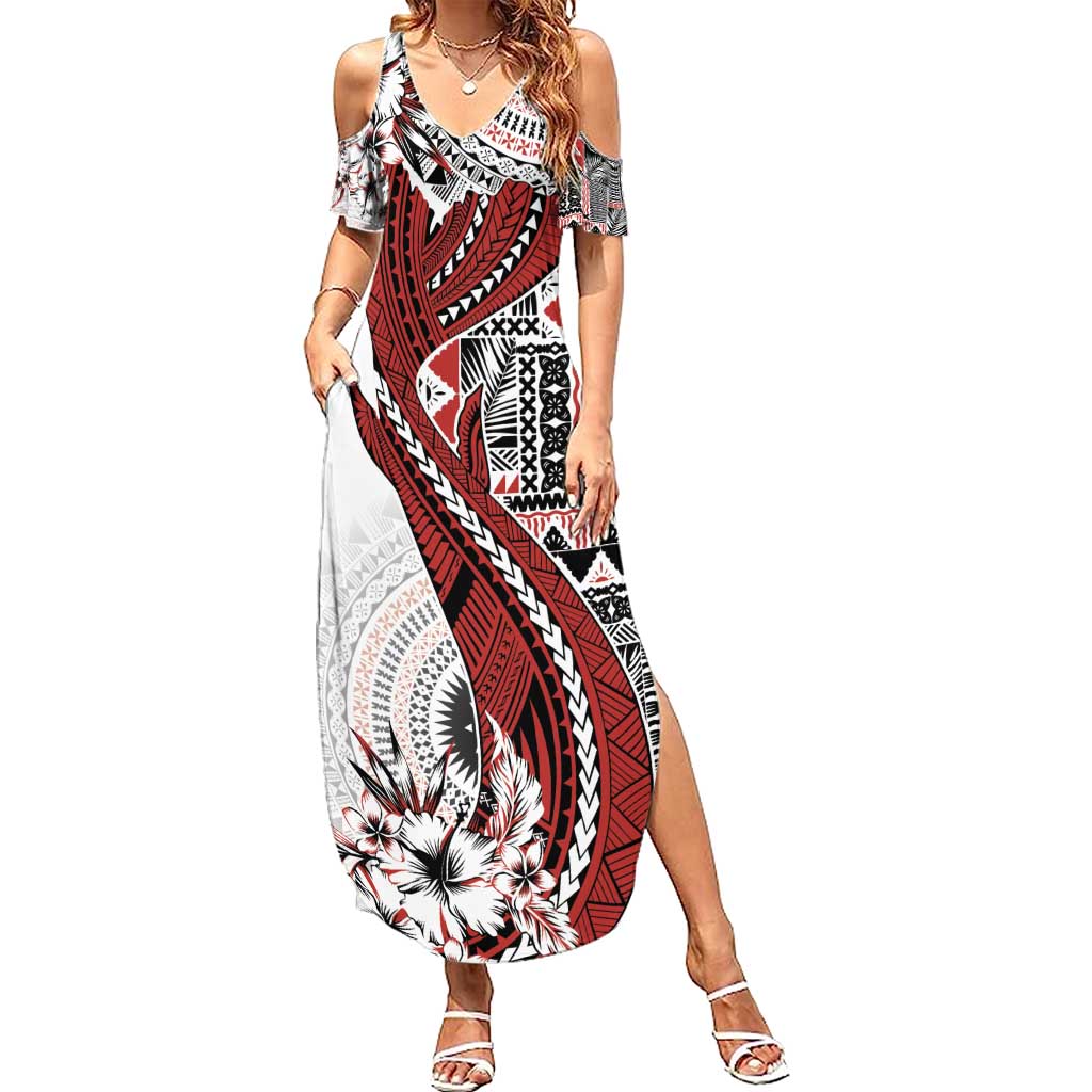 Bula Fiji Summer Maxi Dress Shark Tail White Masi Tapa