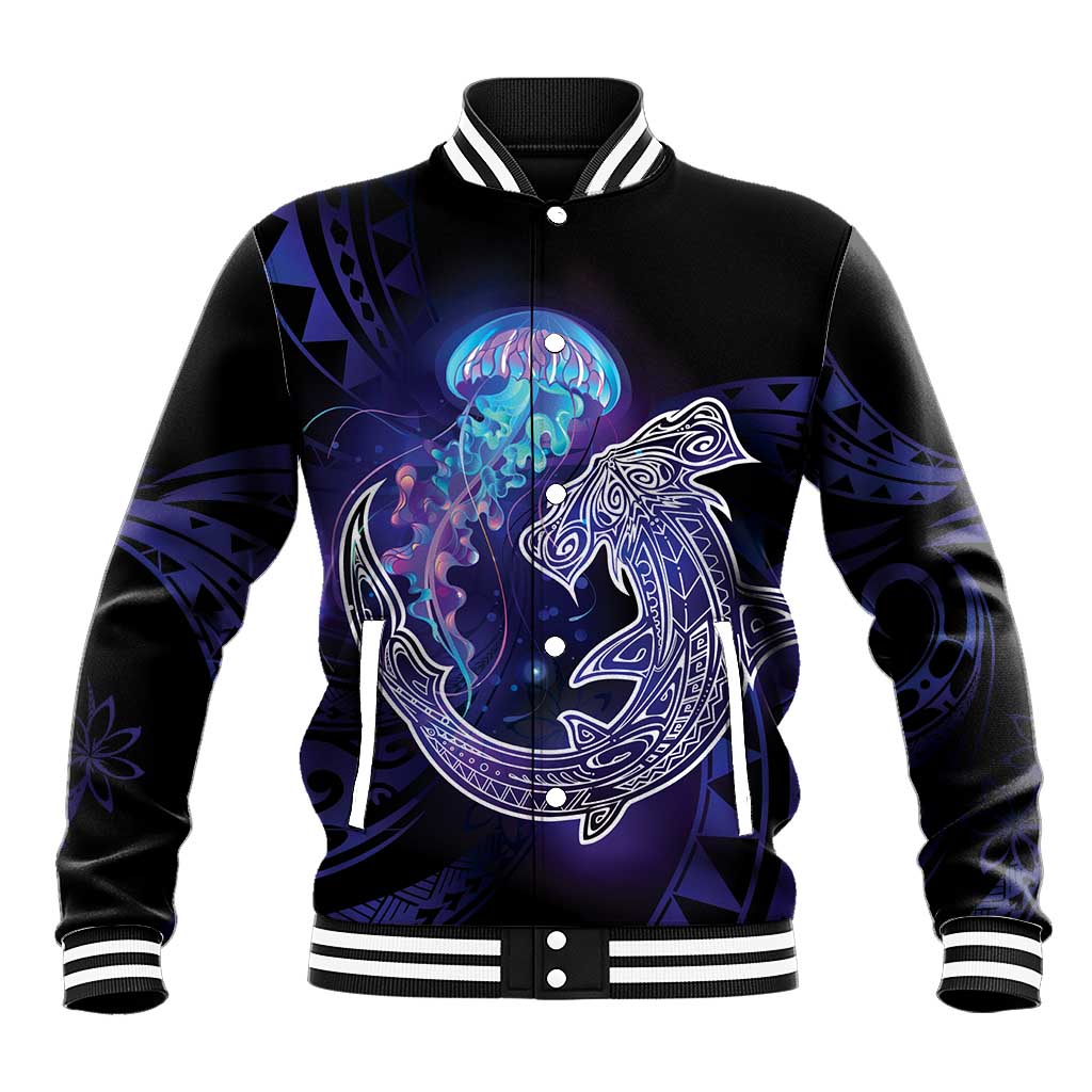 Polynesian Aumakua Baseball Jacket Jellyfish with Shark LT7 Unisex Teal Purple - Polynesian Pride