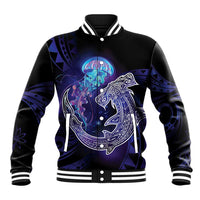 Polynesian Aumakua Baseball Jacket Jellyfish with Shark LT7 Unisex Teal Purple - Polynesian Pride