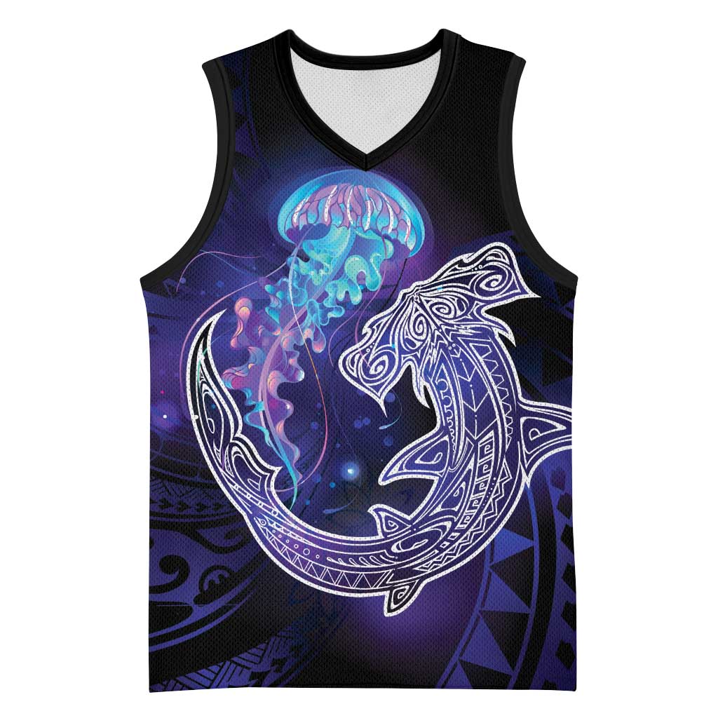 Polynesian Aumakua Basketball Jersey Jellyfish with Shark LT7 Unisex Teal Purple - Polynesian Pride